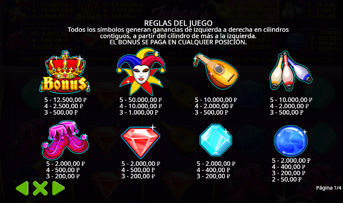 Tabla de pagos y valores de los símbolos de la tragaperras Joker Jewels